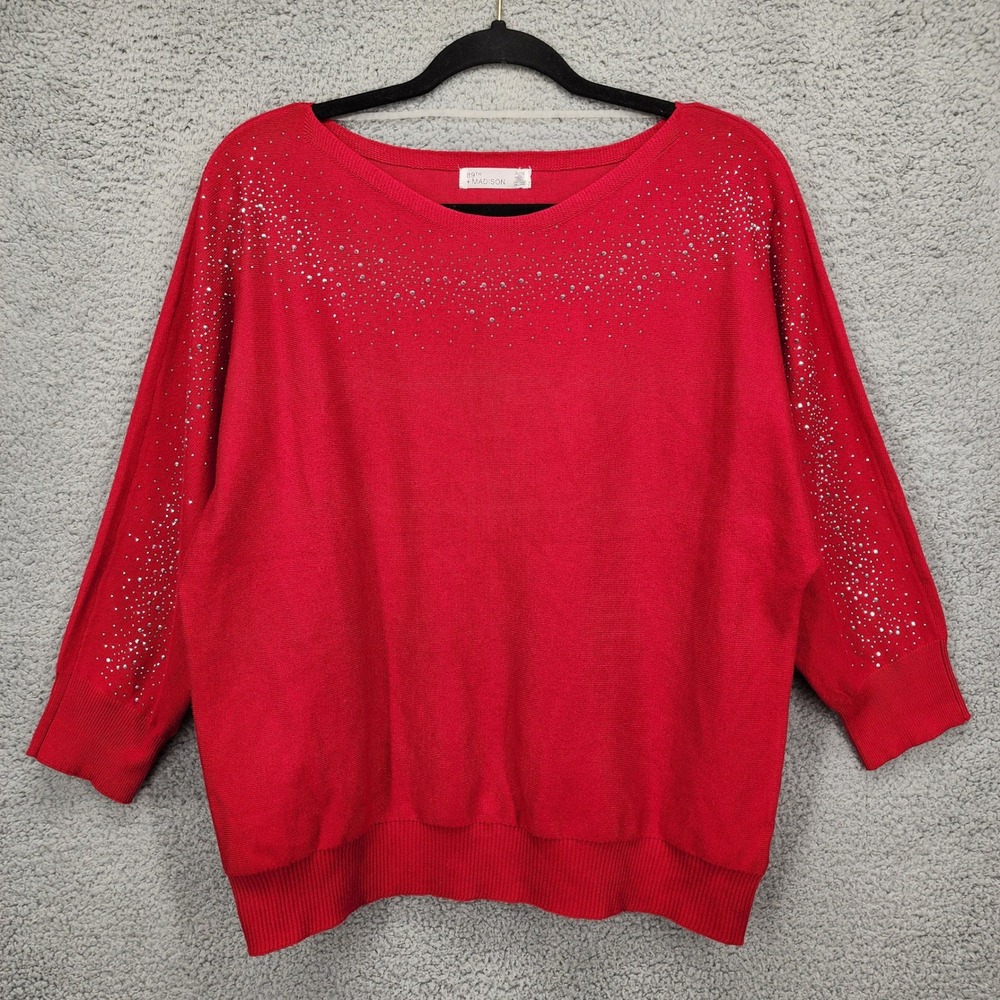 89th + Madison Womens Red Rhinestone Embellished Boat Neck Sweater XL‎